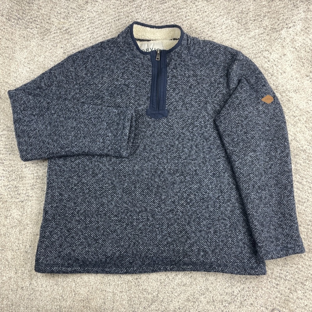 Orvis Sweater Mens XL Sherpa Lined Pullover 1/4 Zip Mock Neck Blue Knit Logo GUC